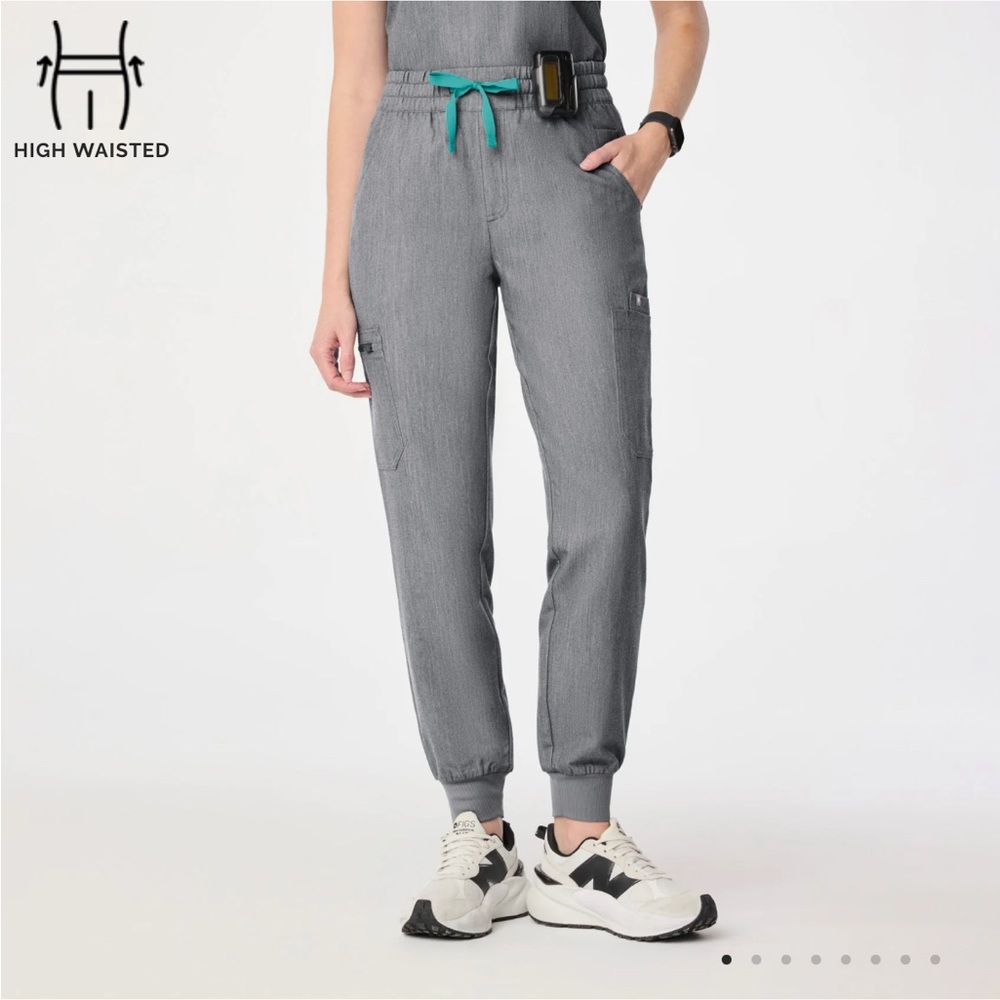 Figs High-Waisted Gray Joggers with Teal Drawstring